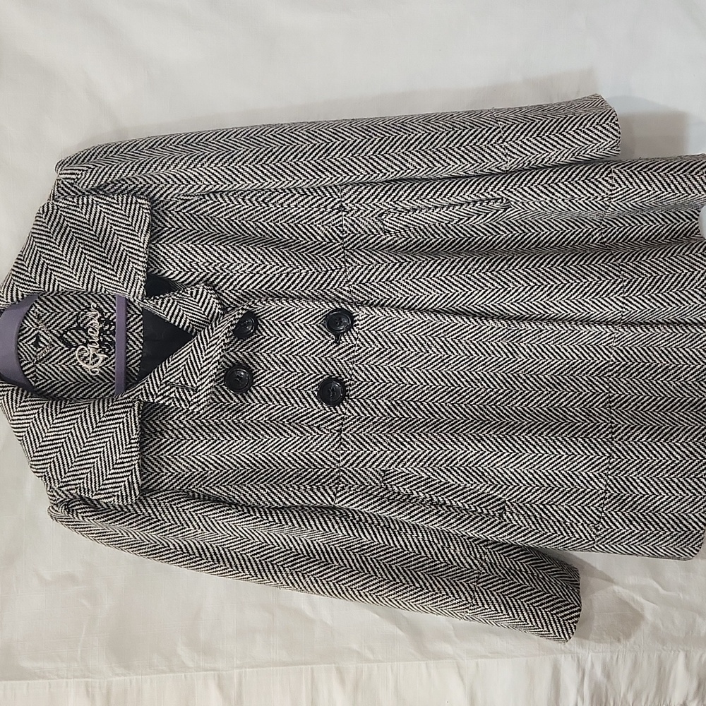 Guess Black and White Herringbone Trench Coat